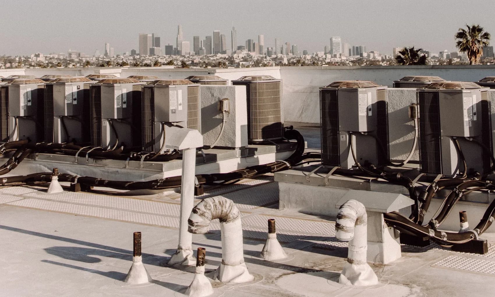 Rows of commercial condensing units on a flat rooftop above a sunlit city skyline and palm trees